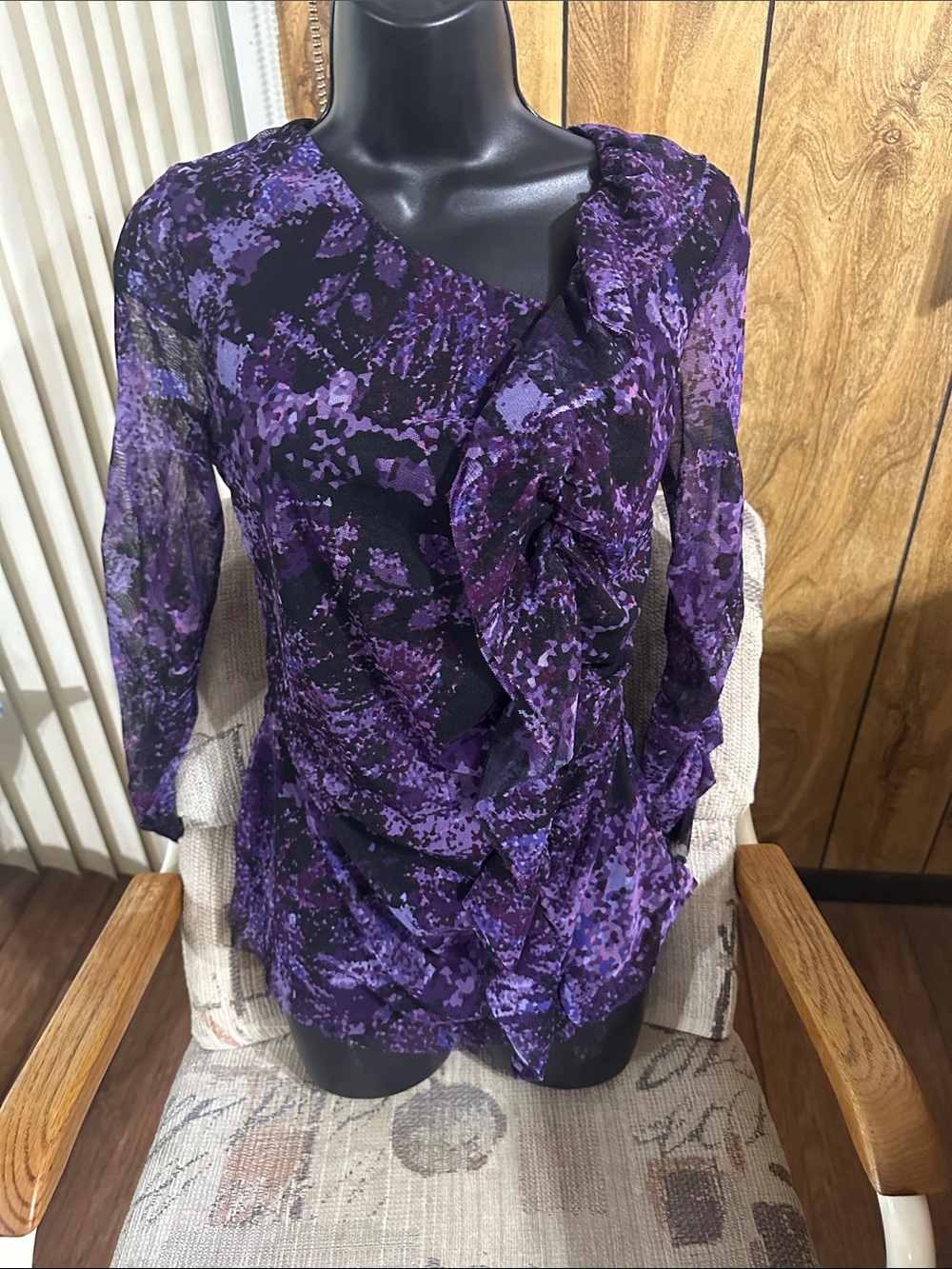 Marc Bouwer Purple Ruffle Front Long Sleeve Blouse